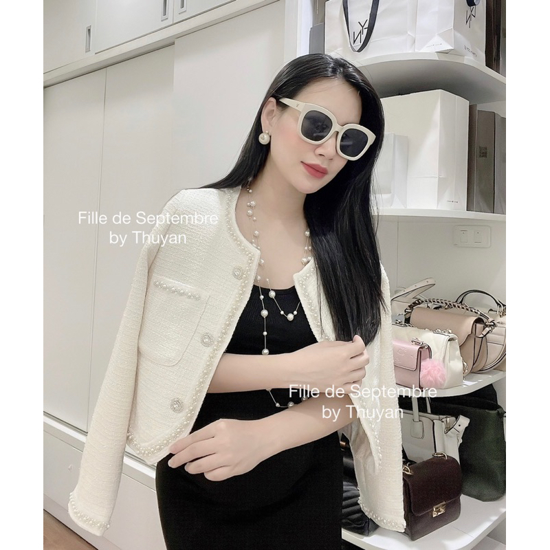 Áo khoác dạ tweed viền đính cườm ngọc khuy full đá phale QCC