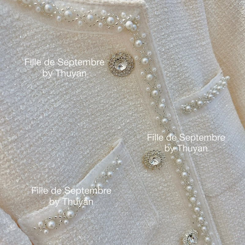 Áo khoác dạ tweed viền đính cườm ngọc khuy full đá phale QCC