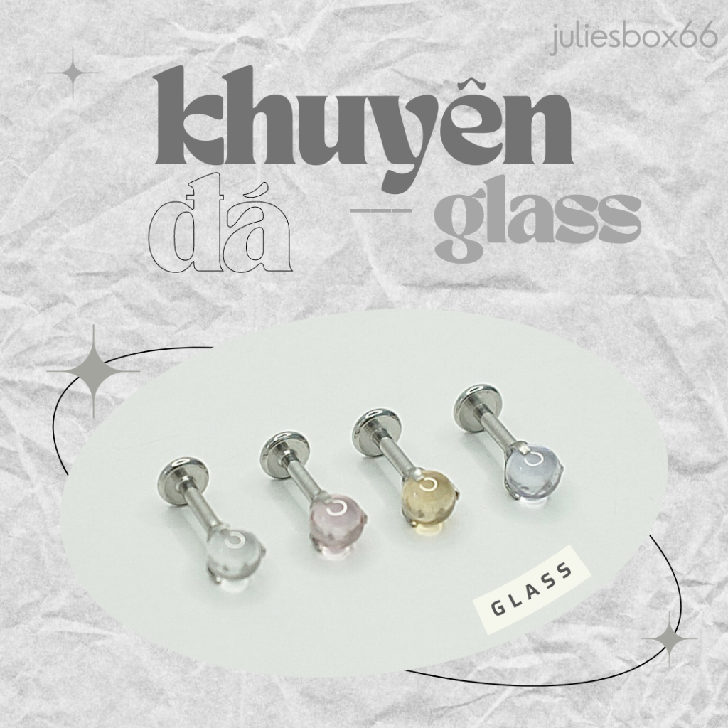 Khuyên Tai Nam Nữ Đá Glass Bệ Bấu Tim Thân Bạc Unisex Cá Tính Không Gỉ Không Ngứa Không Bay Màu Julies Box 66