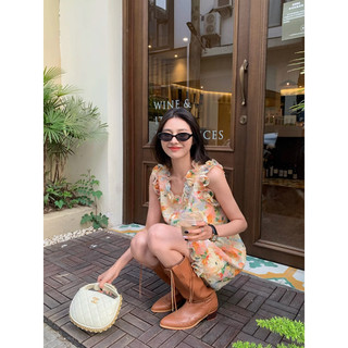 Đầm Tiaria in hoa phối ren bèo viền cổ dễ thương