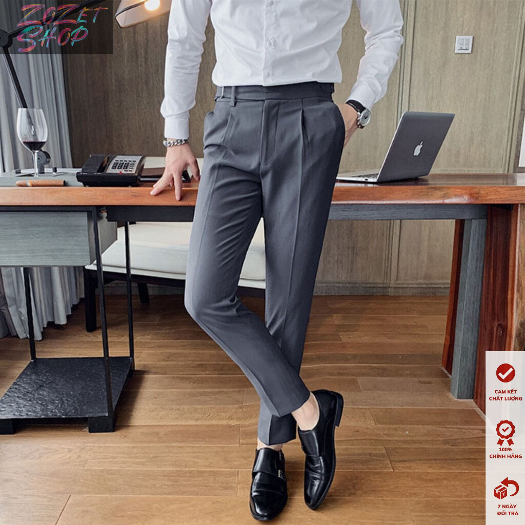 Quần tây Nam cạp cao đai lệch tự chỉnh eo, Quần âu baggy kiểu mới đẹp lịch lãm màu xám, đen, be kem Zozetshop QTN04