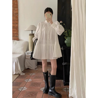 Váy trắng babydoll sơ mi cổ tàu xếp li, váy sơ mi dáng rộng