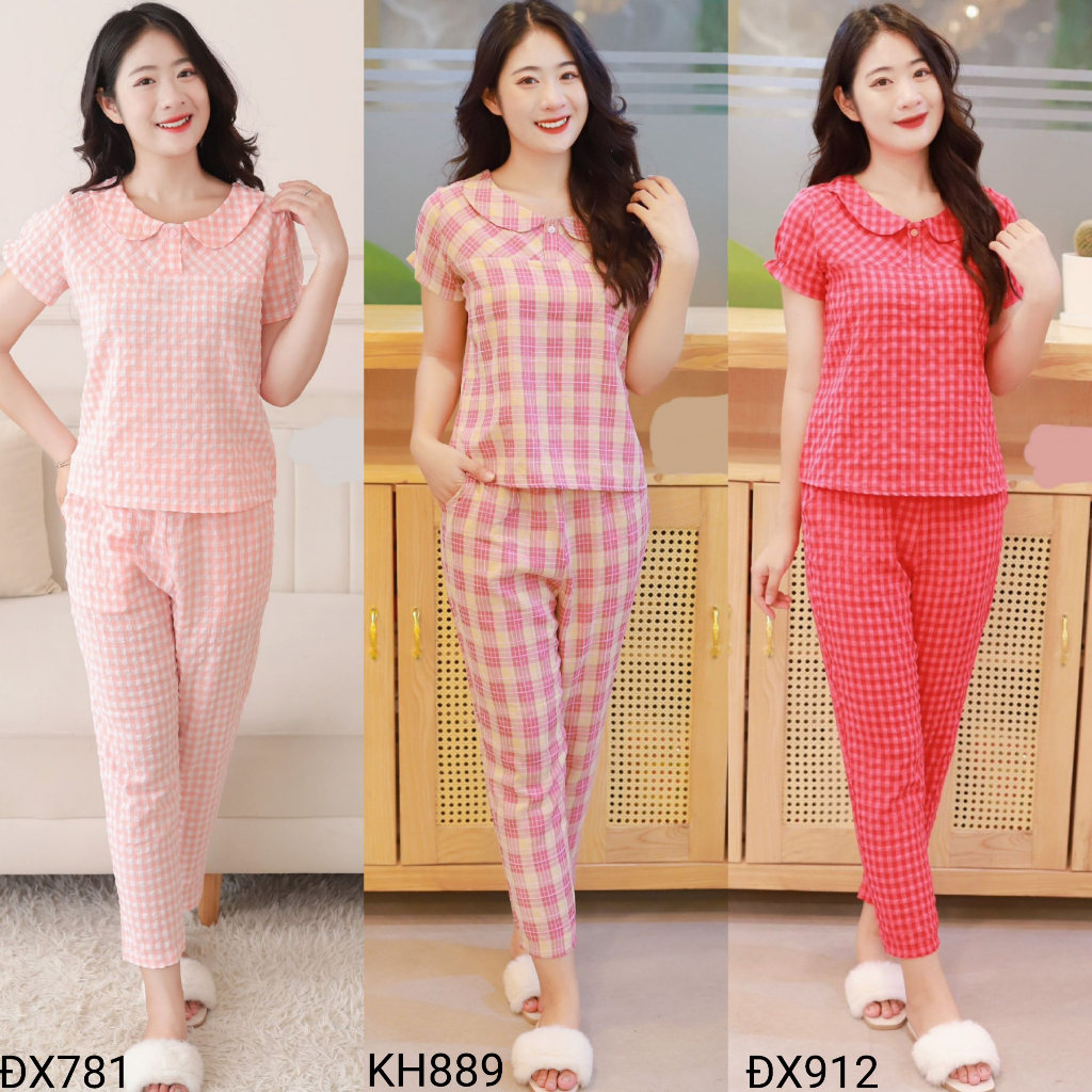 (Bunnysky) Đồ bộ mặc nhà nữ, bộ cổ sen kẻ caro vải nhẹ mềm mát thấm hút mồ hôi thiết kế đơn giản mặc nhà phải đẹp