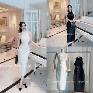 Váy đầm cổ yếm dáng dài, yếm phối ren cổ chân váy bút chì cao cấp thiết kế dự tiệc, đi đám cưới, đi sự kiện 023