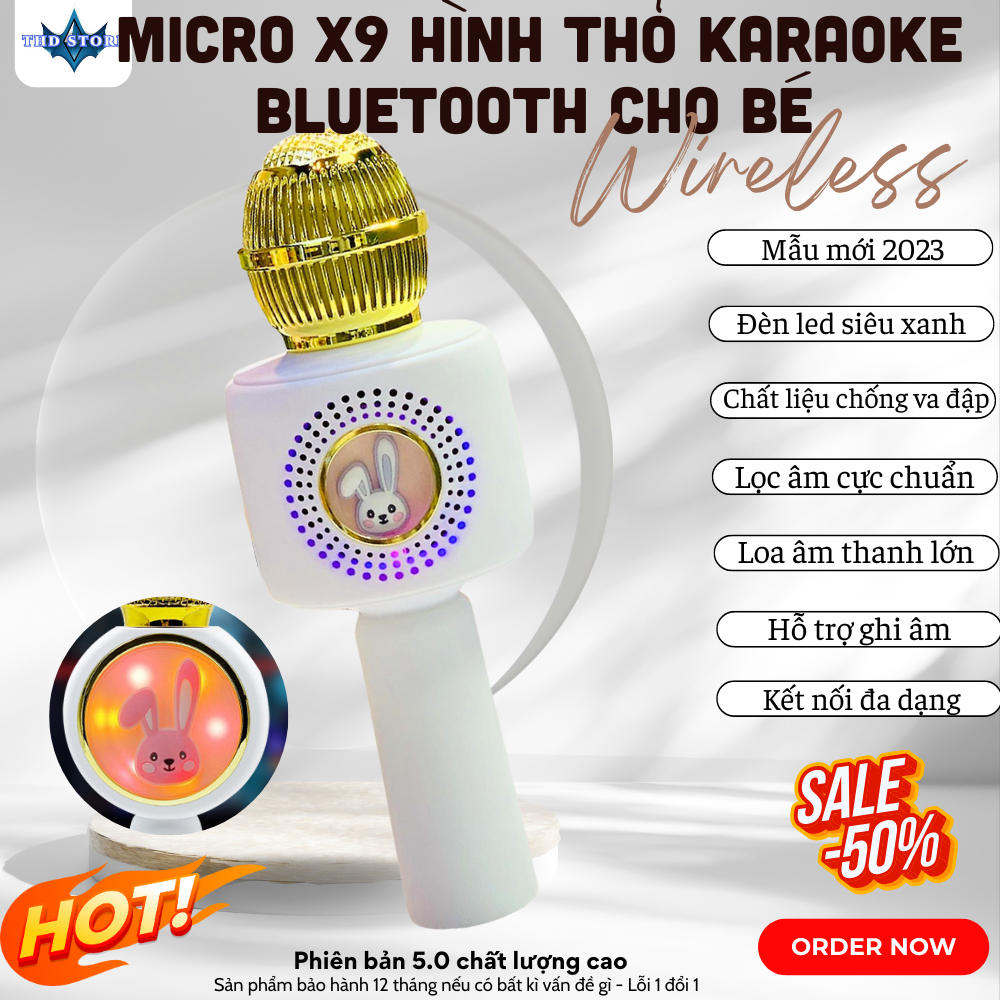 Micro karaoke X9 hình thỏ cho bé tập hát kiêm loa bluetooth không dây âm thanh hay bắt giọng tốt có chế độ đổi tone