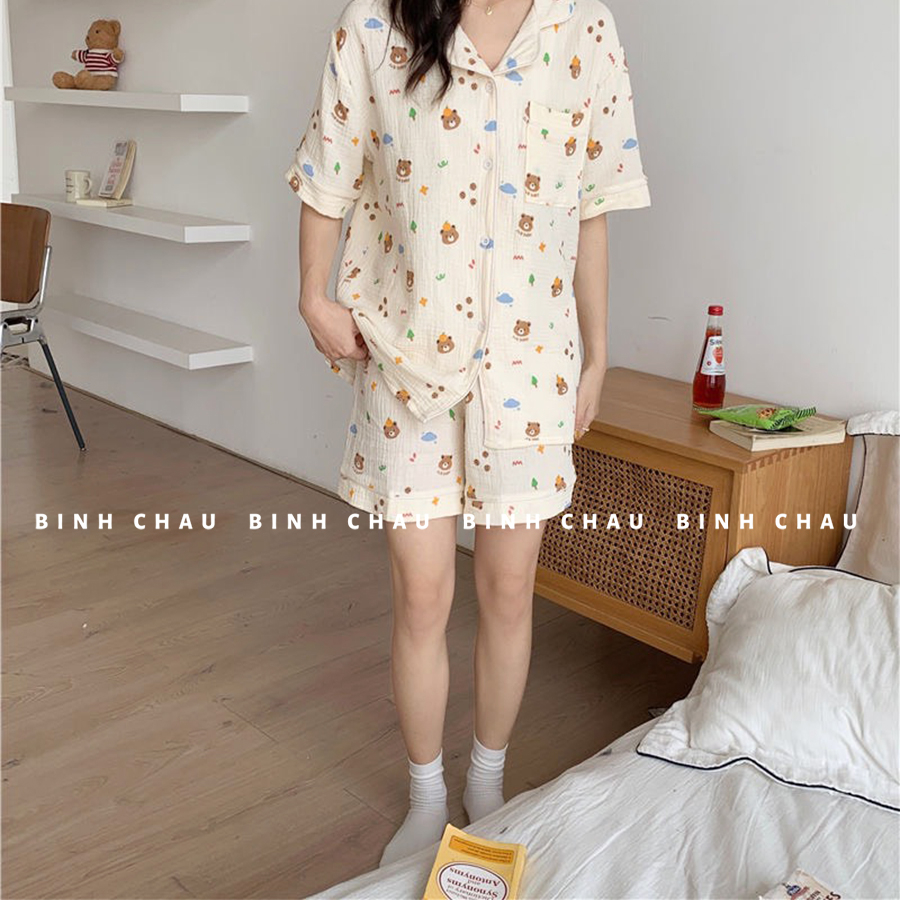 Bộ ngủ gấu bear, Pyjamas chất xô cotton thoáng mát - Bình Châu Pijama