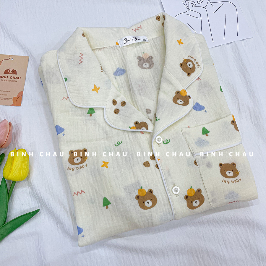 Bộ ngủ gấu bear, Pyjamas chất xô cotton thoáng mát - Bình Châu Pijama