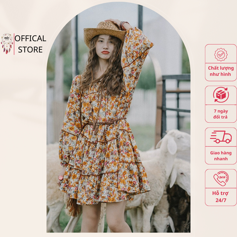 Váy babydoll hoạ tiết hoa nâu cam MOTBOHO suông rộng, dấu dáng (váy không kèm phụ kiện)
