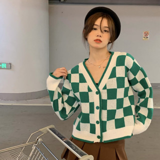 Áo khoác cardigan len tay dài sọc caro kẻ ô màu xanh đen phong cách trẻ trung hàng Quảng Châu chất dày dặn đẹp 24831 A1