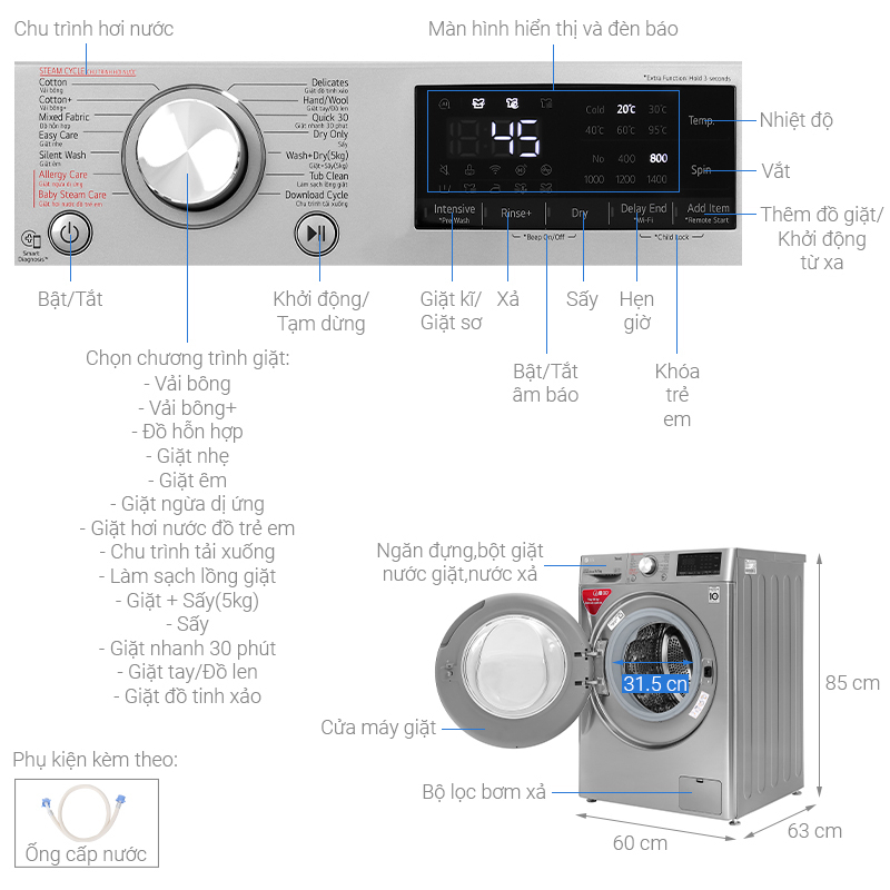Máy giặt sấy LG AI DD Inverter giặt 9 kg - sấy 5 kg FV1409G4V