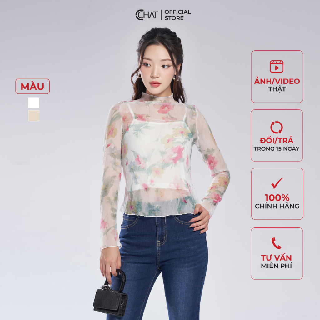 Áo Kiểu Nữ 𝐂𝐂𝐇𝐀𝐓 Dáng Ôm Cổ Leo Họa Tiết Hoa Chất Voan Cao Cấp 13ADV5004OT