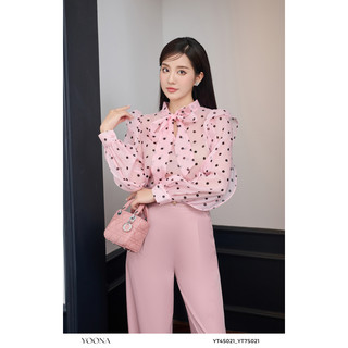 Áo sơ mi hồng chấm bi dài tay cổ áo phối nơ YOONA - YT4S021