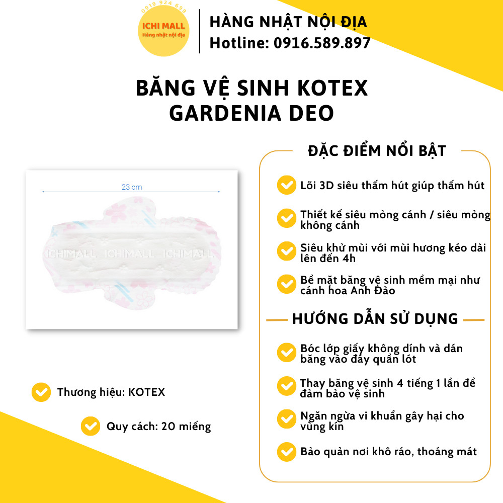 Băng vệ sinh Kotex Gardenia Deo+ Hoa Anh Đào  gói 20 miếng 23cm