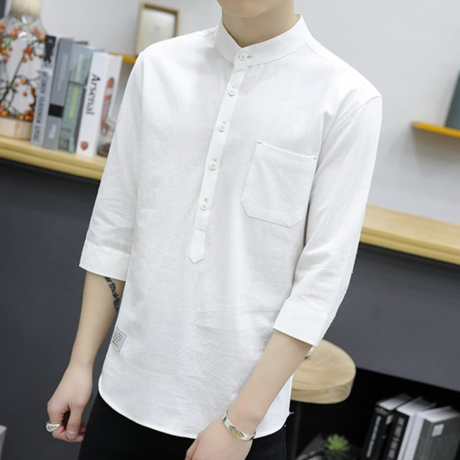 Áo sơ mi đũi nam cổ tròn tay lỡ thời trang LA08