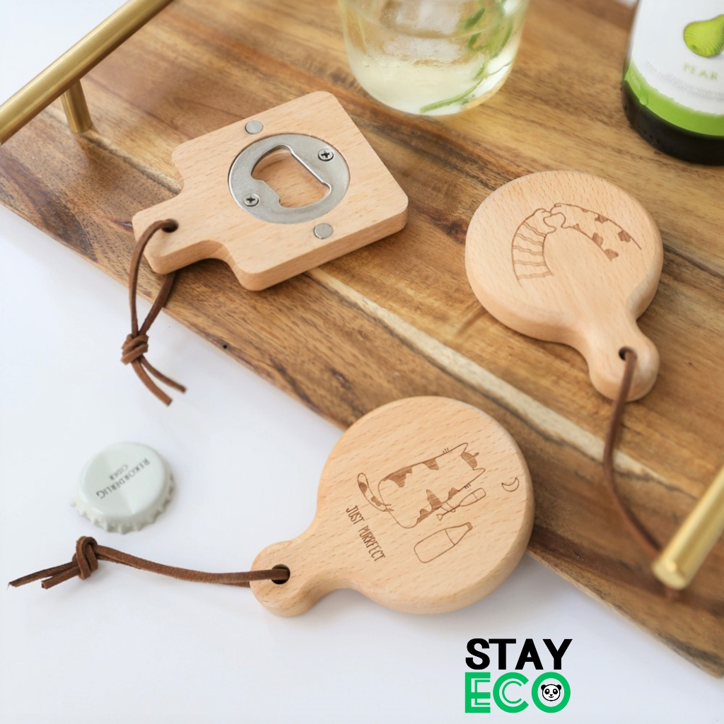 Bật bia bằng gỗ STAY ECO khui nắp chai khắc hình ngộ nghĩnh, có nam châm hút