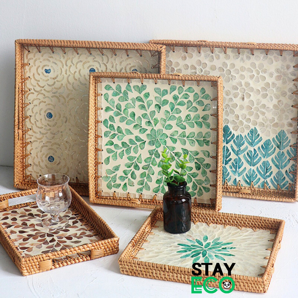 Khay mây khảm trai STAY ECO hình chữ nhật đựng ấm chén, đựng đồ, decor trang trí dùng cho gia đình nhà hàng khách sạn