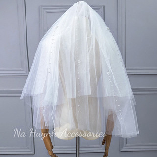 Voan 2 lớp đính hoa hạt trai -phụ kiện cô dâu