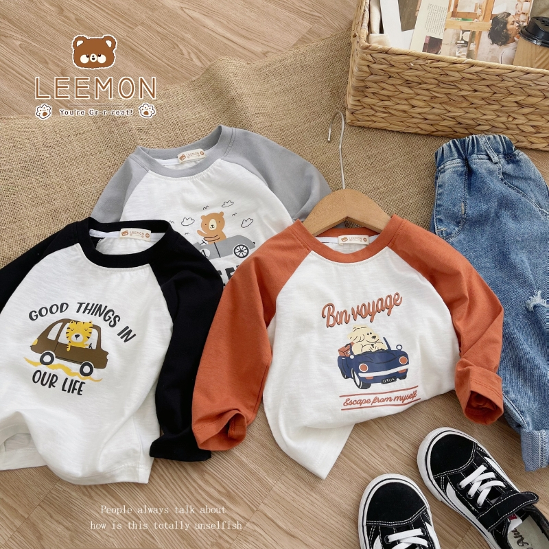 Áo thu đông bé trai, bé gái LEEMON A055 áo raglan dài tay in hình chất cotton, thấm hút mồ hôi tốt PAPALEMON