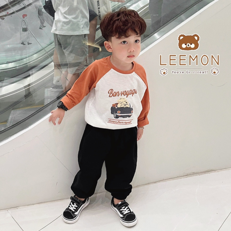 Áo thu đông bé trai, bé gái LEEMON A055 áo raglan dài tay in hình chất cotton, thấm hút mồ hôi tốt PAPALEMON