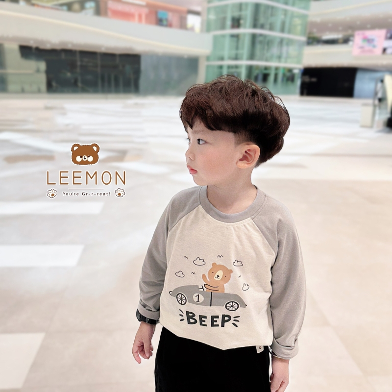 Áo thu đông bé trai, bé gái LEEMON A055 áo raglan dài tay in hình chất cotton, thấm hút mồ hôi tốt PAPALEMON