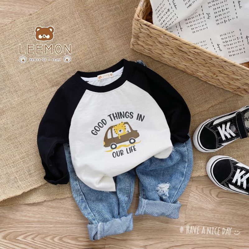 Áo thu đông bé trai, bé gái LEEMON A055 áo raglan dài tay in hình chất cotton, thấm hút mồ hôi tốt PAPALEMON