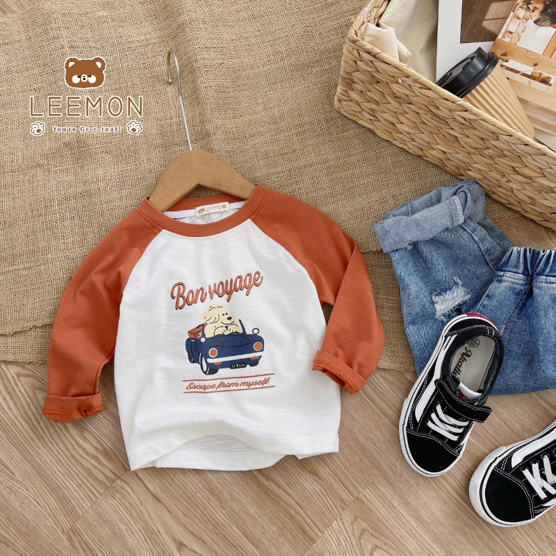 Áo thu đông bé trai, bé gái LEEMON A055 áo raglan dài tay in hình chất cotton, thấm hút mồ hôi tốt PAPALEMON