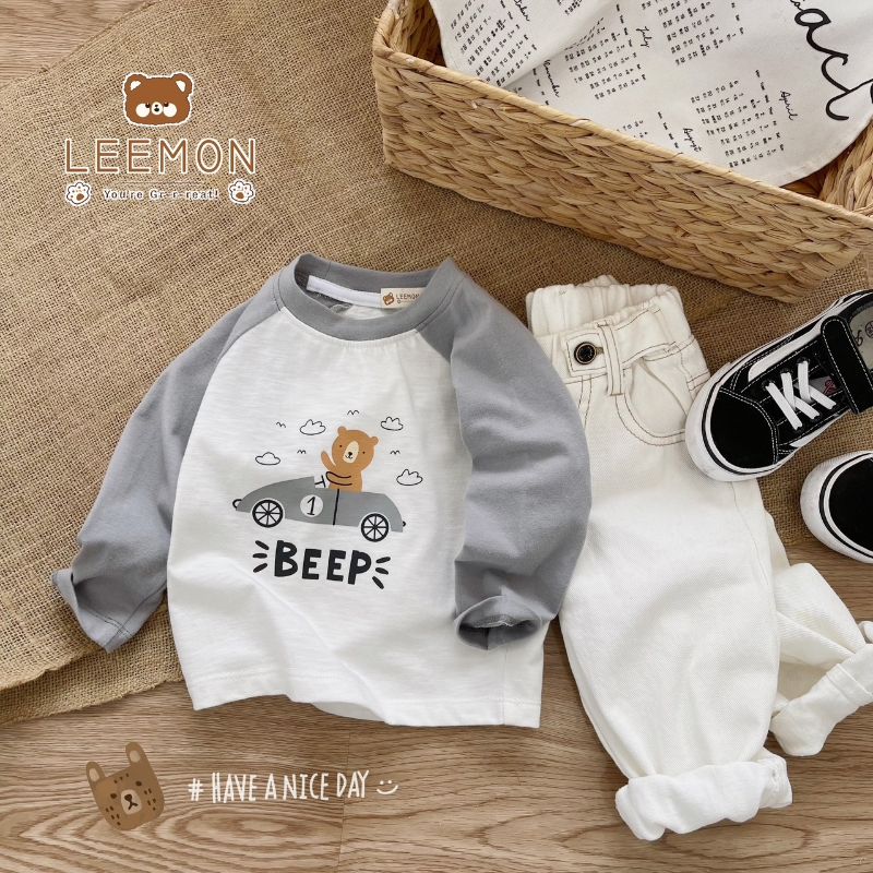 Áo thu đông bé trai, bé gái LEEMON A055 áo raglan dài tay in hình chất cotton, thấm hút mồ hôi tốt PAPALEMON