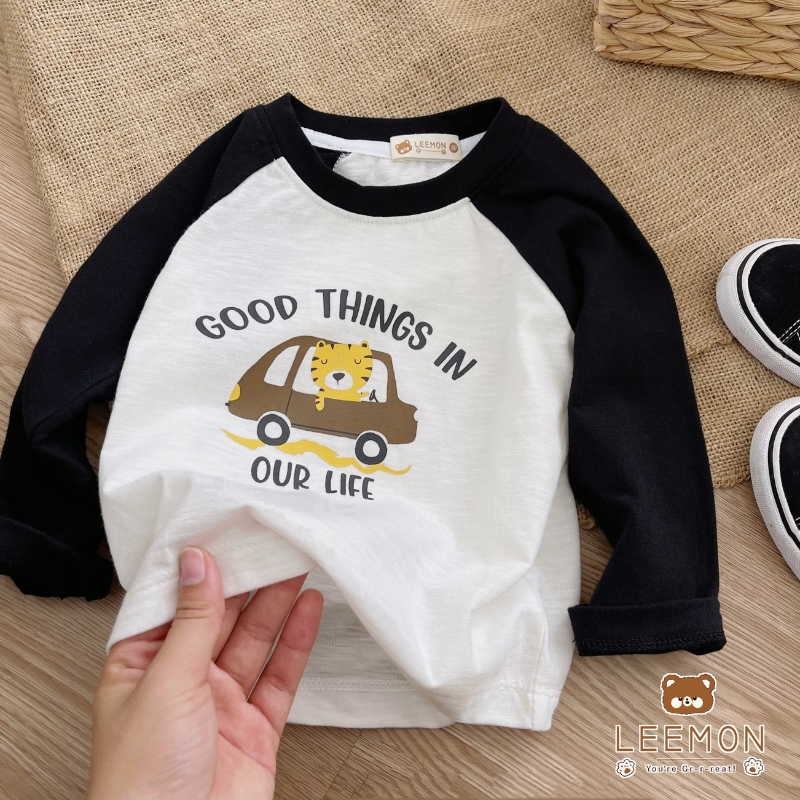Áo thu đông bé trai, bé gái LEEMON A055 áo raglan dài tay in hình chất cotton, thấm hút mồ hôi tốt PAPALEMON