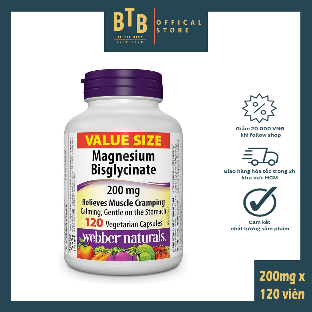 Viên uống magie Webber Naturals MAGNESIUM BISGLYCINATE 200MG X 120 viên