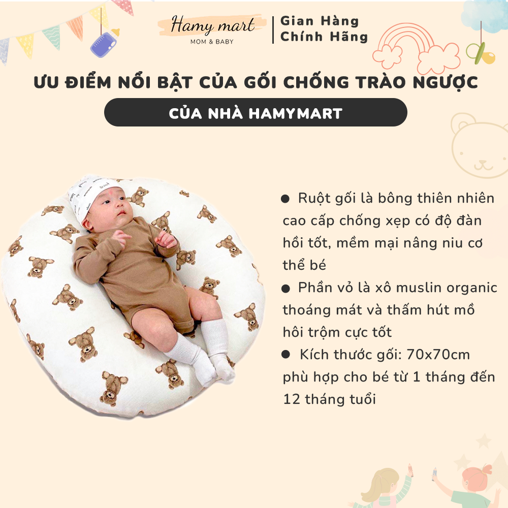 Gối chống trào ngược Hamymart vải xô Muslin Organic cao cấp
