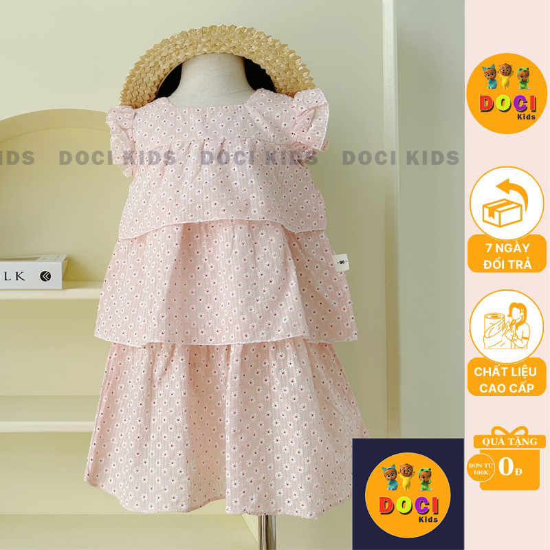 Váy Hoa Bé Gái Siêu Xinh – Váy Hoa Xếp Ly 3 Tầng Thô Mềm Mềm Mát Cho Bé Gái - Docikids