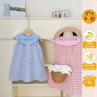 Váy kẻ cho bé gái - váy kẻ sát nách tay viền bèo cổ lá đáng yêu cho bé - docikids