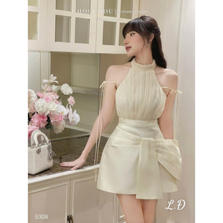 Đầm tơ cổ yếm phối tacta siêu xinh
