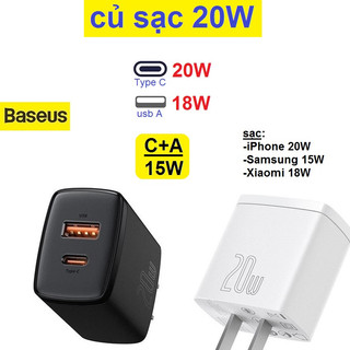 Củ sạc 20W Baseus Compact Quick Charger 2 cổng USB + Type C sạc nhanh cho Samsung/ iPhone/ Xiaomi