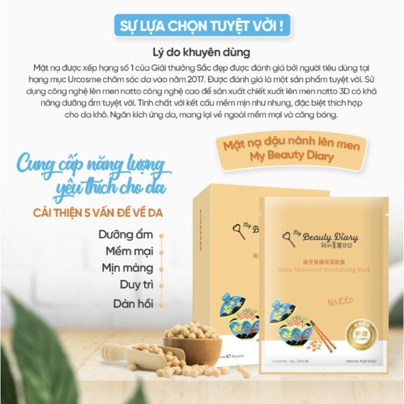 Combo 10 miếng Mặt nạ dưỡng trắng và dưỡng ẩm Đậu nành My Beauty Diary - Đài Loan Natto Fermented Moisturizing Mask 23ml