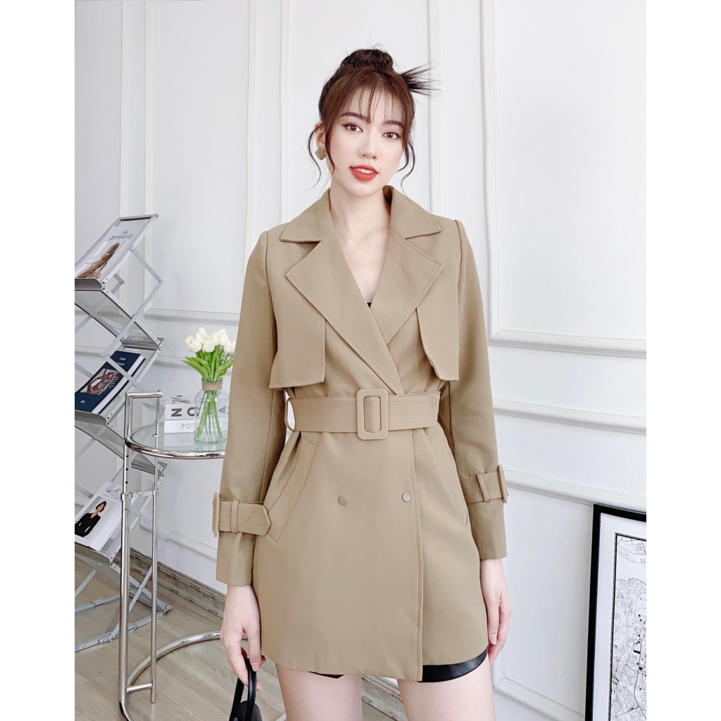 Áo khoác măng tô dáng ngắn Odelia, 2 lớp kèm đai