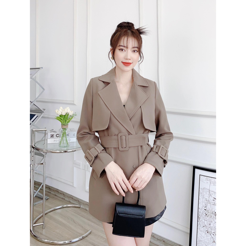 Áo khoác măng tô dáng ngắn Odelia, 2 lớp kèm đai