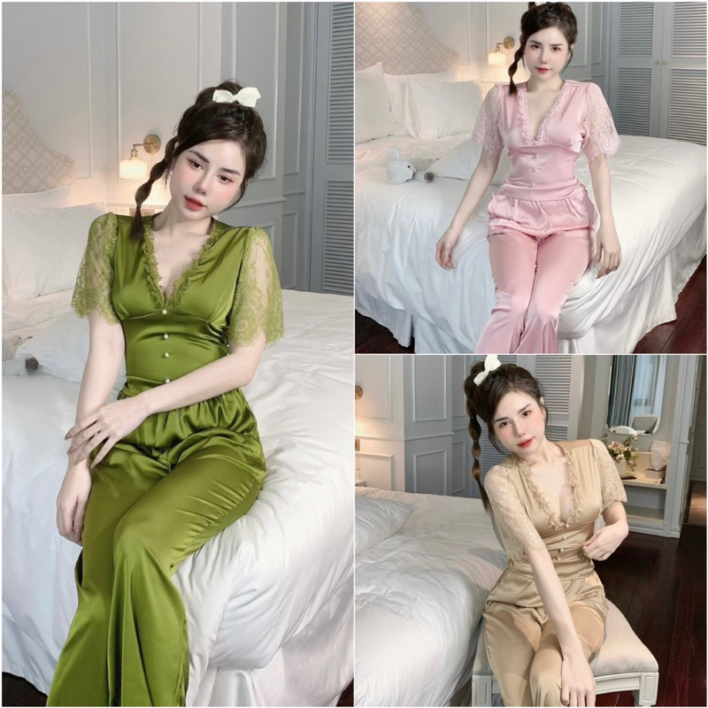 Sét bộ mặc nhà tay ren cho nữ bo nhún siêu tôn dáng chất lụa latin mềm mịn siêu mát