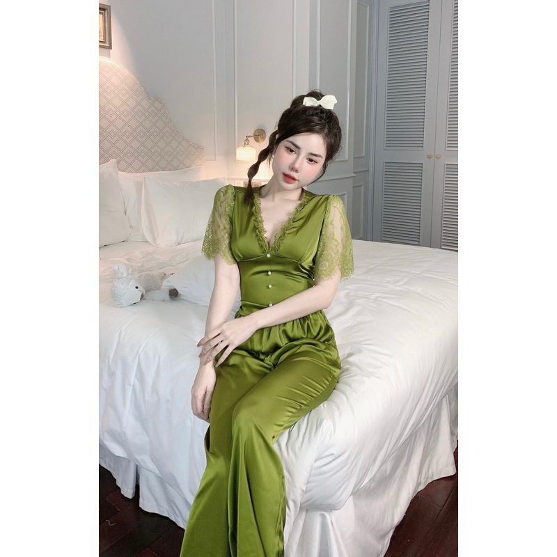 Sét bộ mặc nhà tay ren cho nữ bo nhún siêu tôn dáng chất lụa latin mềm mịn siêu mát