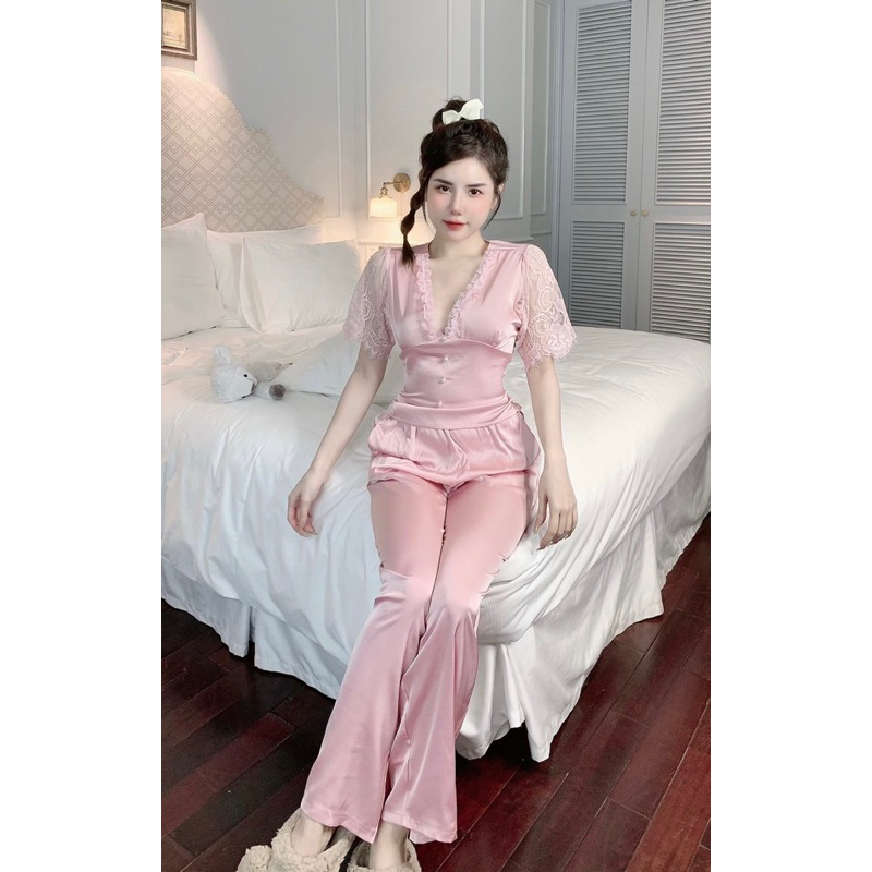 Sét bộ mặc nhà tay ren cho nữ bo nhún siêu tôn dáng chất lụa latin mềm mịn siêu mát