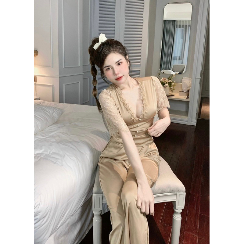 Sét bộ mặc nhà tay ren cho nữ bo nhún siêu tôn dáng chất lụa latin mềm mịn siêu mát