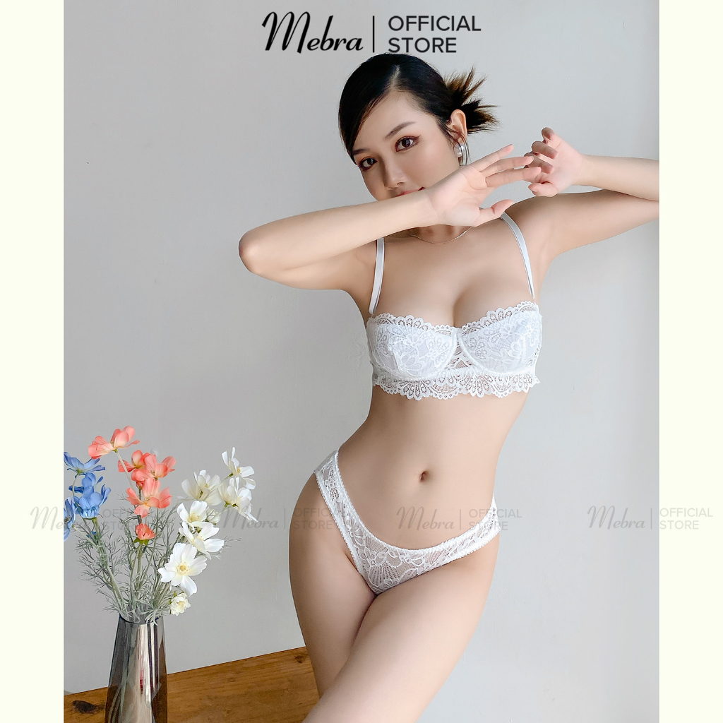 [MỚI] Set đồ lót ren nữ trắng áo cup ngang nửa quả có gọng quần lót cánh tiên gợi cảm thiết kế Mebra