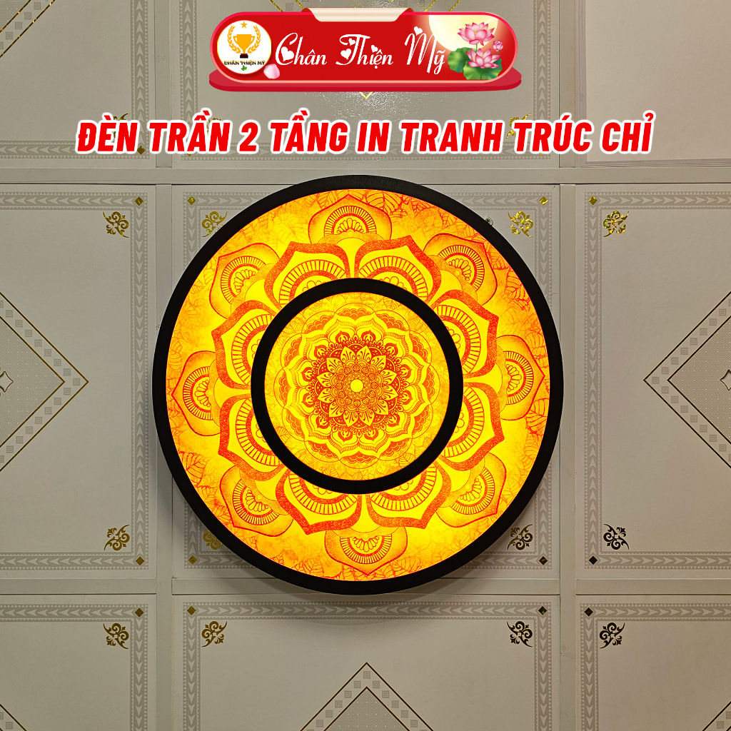 Đèn Ốp Trần Trang Trí Phòng Thờ In Tranh Trúc Chỉ CHÂN THIỆN MỸ, Khung Gỗ Tự Nhiên Không Mối Mọt Cong Vênh CTC-DT-01
