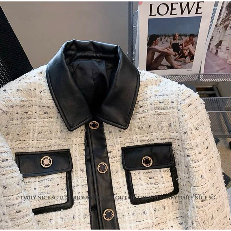 Áo Dạ Tweed Dáng Lửng Phối Da Phong Cách Sang Chảnh Tiểu Thư Thu Đông_Hàng Order QCCC