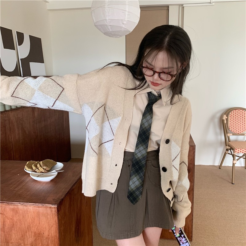 Áo khoác len cardigan Forgirlstudio họa tiết trám to phong cách Hàn Quốc FG138