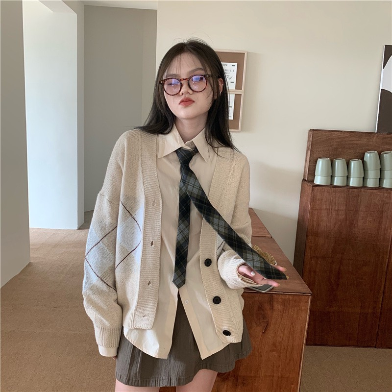 Áo khoác len cardigan Forgirlstudio họa tiết trám to phong cách Hàn Quốc FG138