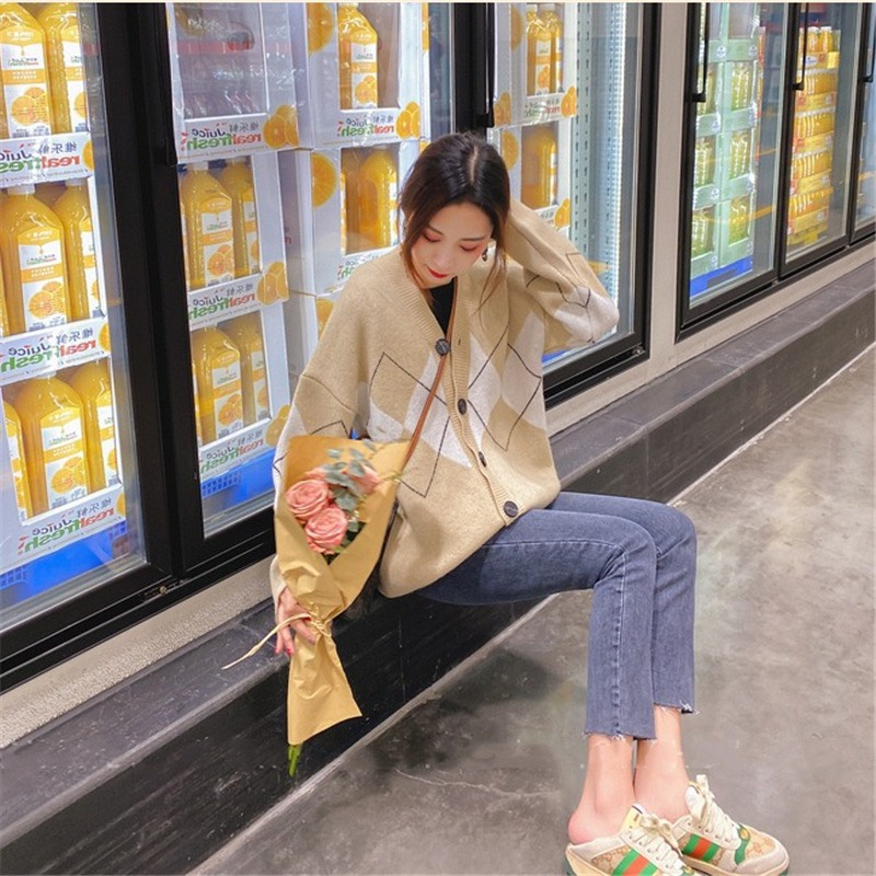 Áo khoác len cardigan Forgirlstudio họa tiết trám to phong cách Hàn Quốc FG138