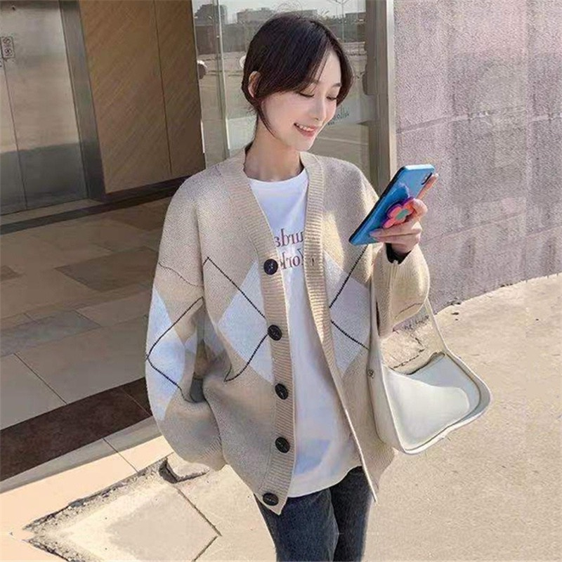 Áo khoác len cardigan Forgirlstudio họa tiết trám to phong cách Hàn Quốc FG138