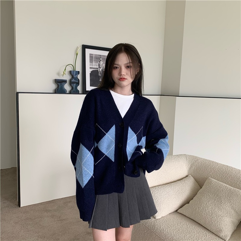Áo khoác len cardigan Forgirlstudio họa tiết trám to phong cách Hàn Quốc FG138