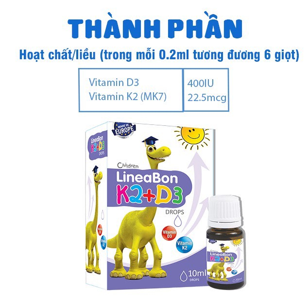 Lineabon K2 + D3 Giúp Hấp Thụ Canxi, Hỗ Trợ Tăng Trưởng Chiều Cao, Giúp Trẻ Khỏe Mạnh Lọ 10ml
